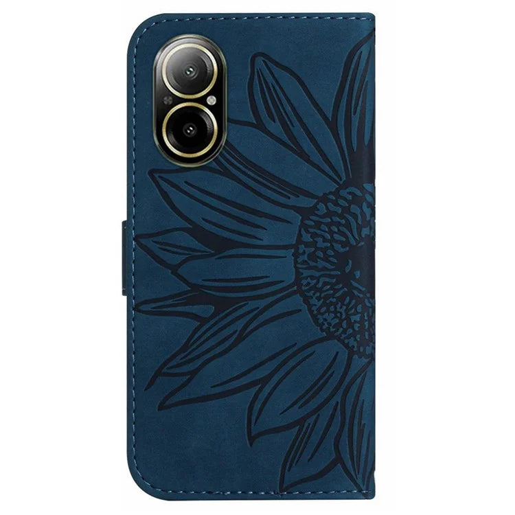 HT04 For Realme C67 4G Leather Phone Case Sunflower Pattern Flip Wallet Cover with Hand Strap