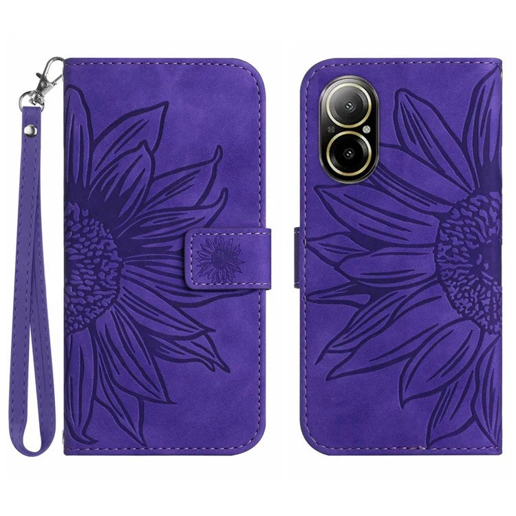 HT04 For Realme C67 4G Leather Phone Case Sunflower Pattern Flip Wallet Cover with Hand Strap