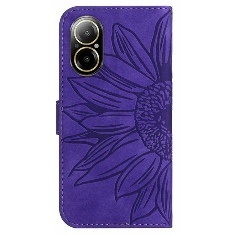 HT04 For Realme C67 4G Leather Phone Case Sunflower Pattern Flip Wallet Cover with Hand Strap