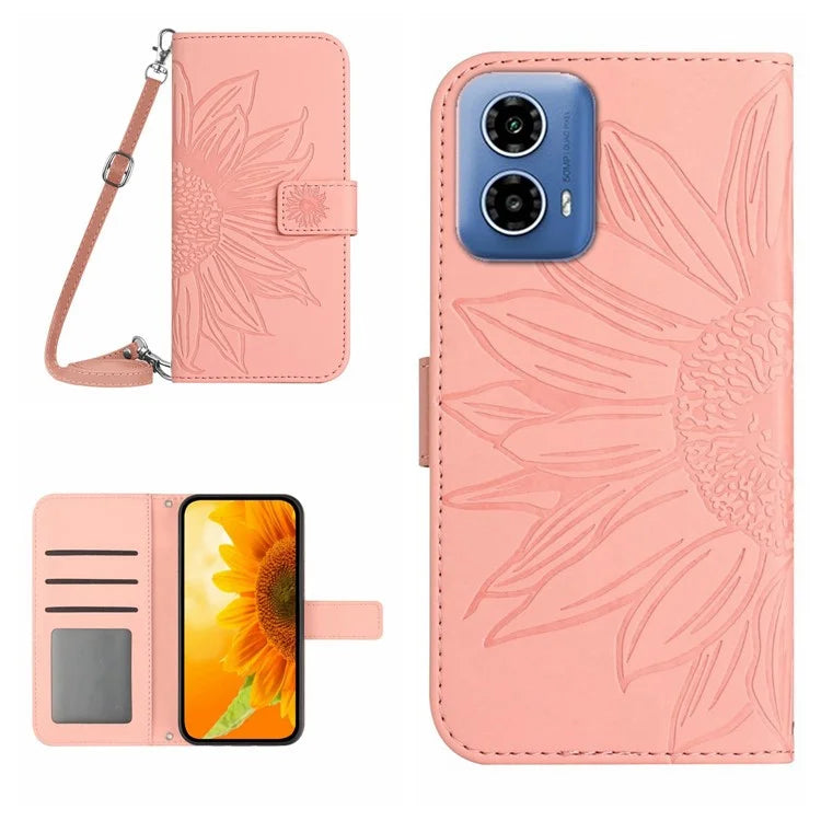 HT04 For Motorola Moto G04 4G/G24 4G Case Leather Wallet Phone Cover with Shoulder Strap
