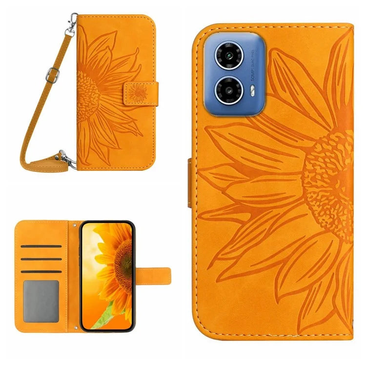 HT04 For Motorola Moto G04 4G/G24 4G Case Leather Wallet Phone Cover with Shoulder Strap