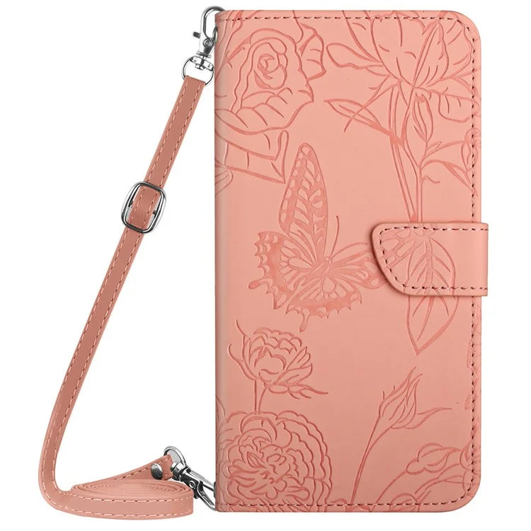 HT03 For Motorola Moto G Power (2024) Case Butterfly Flower PU Leather Cover with Crossbody Strap
