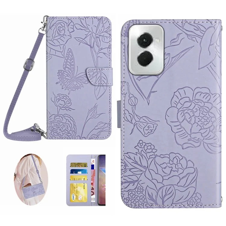 HT03 For Motorola Moto G Power (2024) Case Butterfly Flower PU Leather Cover with Crossbody Strap