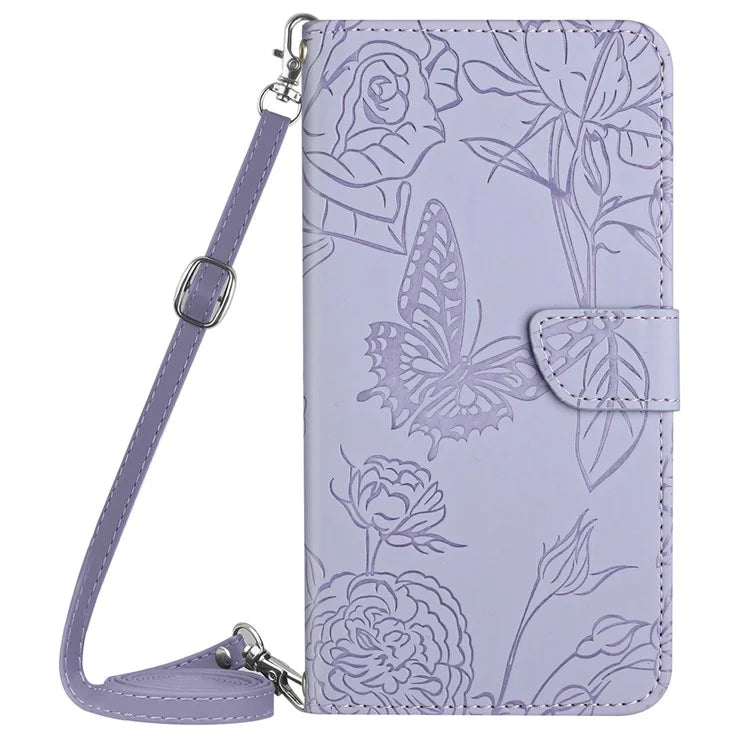 HT03 For Motorola Moto G Power (2024) Case Butterfly Flower PU Leather Cover with Crossbody Strap