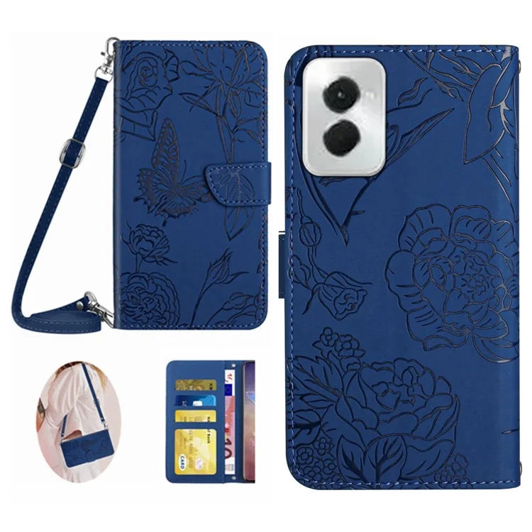 HT03 For Motorola Moto G Power (2024) Case Butterfly Flower PU Leather Cover with Crossbody Strap