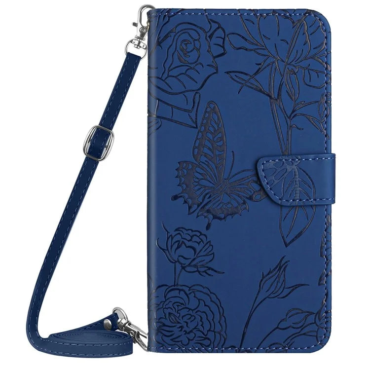 HT03 For Motorola Moto G Power (2024) Case Butterfly Flower PU Leather Cover with Crossbody Strap