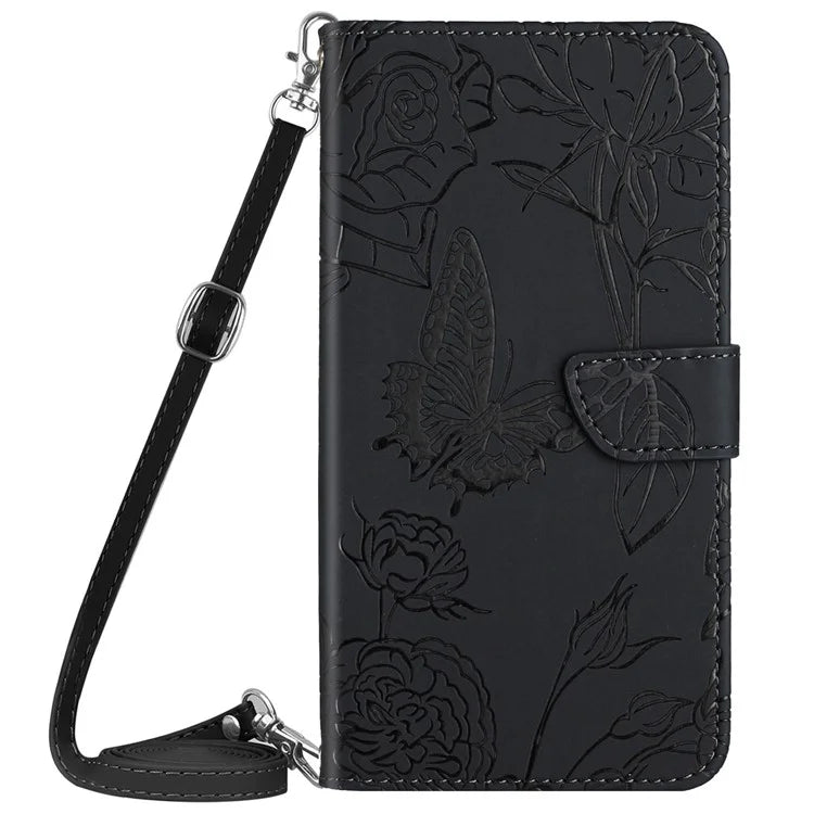 HT03 For Motorola Moto G Power (2024) Case Butterfly Flower PU Leather Cover with Crossbody Strap