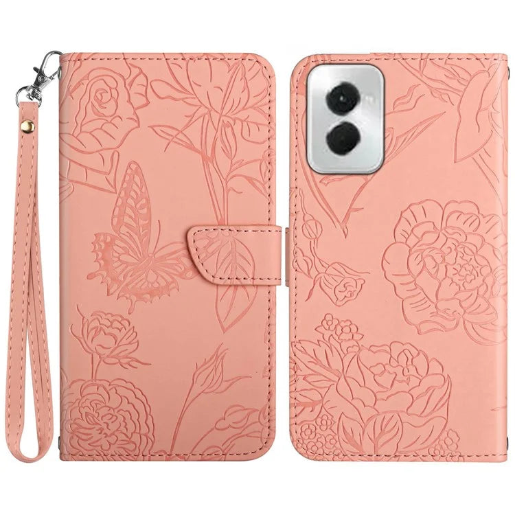 HT03 For Motorola Moto G Power (2024) Magnetic Case Leather Imprinted Butterfly Flower Pattern Cover