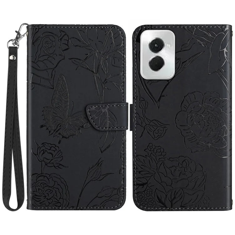 HT03 For Motorola Moto G Power (2024) Magnetic Case Leather Imprinted Butterfly Flower Pattern Cover