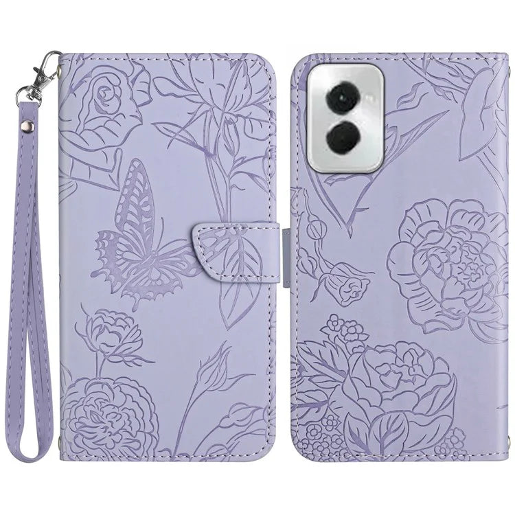 HT03 For Motorola Moto G Power (2024) Magnetic Case Leather Imprinted Butterfly Flower Pattern Cover