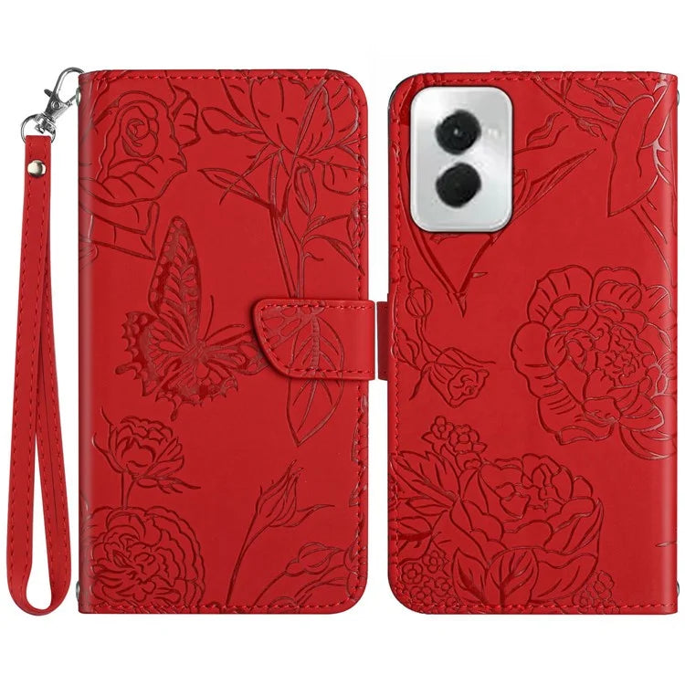 HT03 For Motorola Moto G Power (2024) Magnetic Case Leather Imprinted Butterfly Flower Pattern Cover