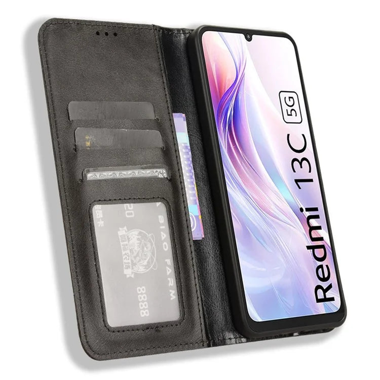 For Xiaomi Redmi 13C 5G / 13R 5G / Poco M6 5G Phone Case Folio PU Leather Retro Wallet Cover