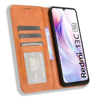 For Xiaomi Redmi 13C 5G / 13R 5G / Poco M6 5G Phone Case Folio PU Leather Retro Wallet Cover