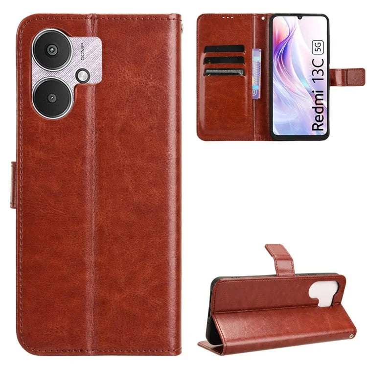 For Xiaomi Redmi 13C 5G / 13R 5G / Poco M6 5G Wallet Case PU Leather Crazy Horse Texture Flip Phone Cover