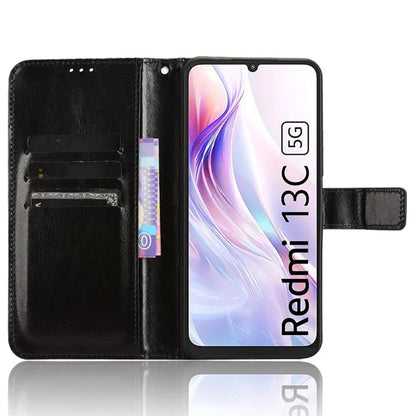 For Xiaomi Redmi 13C 5G / 13R 5G / Poco M6 5G Wallet Case PU Leather Crazy Horse Texture Flip Phone Cover