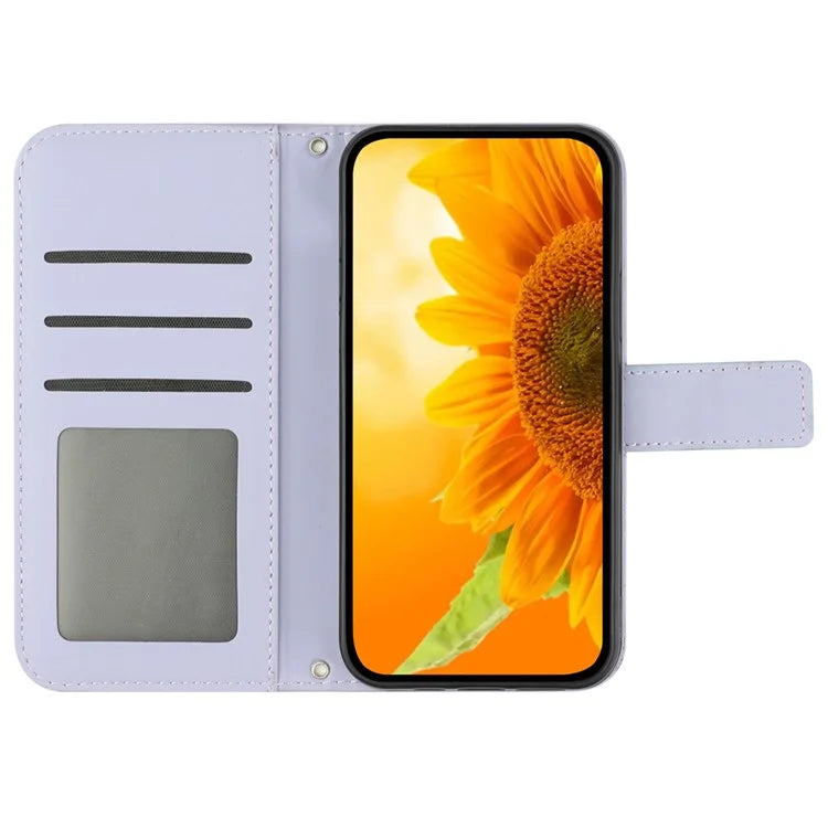 HT04 For Motorola Moto G Play (2024) Cell Phone Case Sunflower Imprint Stand Card Holder Cover