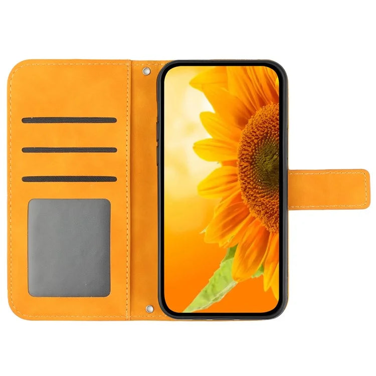 HT04 For Motorola Moto G Play (2024) Cell Phone Case Sunflower Imprint Stand Card Holder Cover