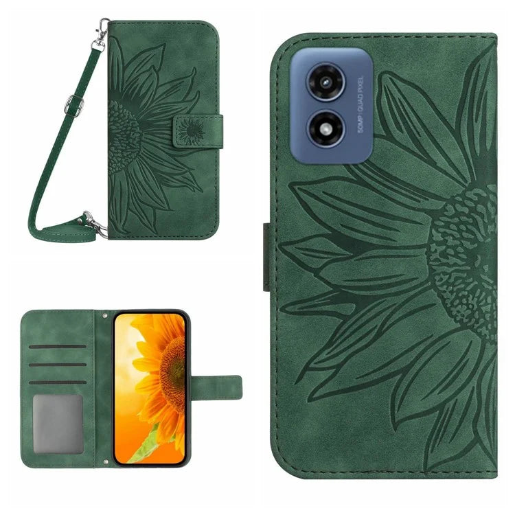 HT04 For Motorola Moto G Play (2024) Cell Phone Case Sunflower Imprint Stand Card Holder Cover