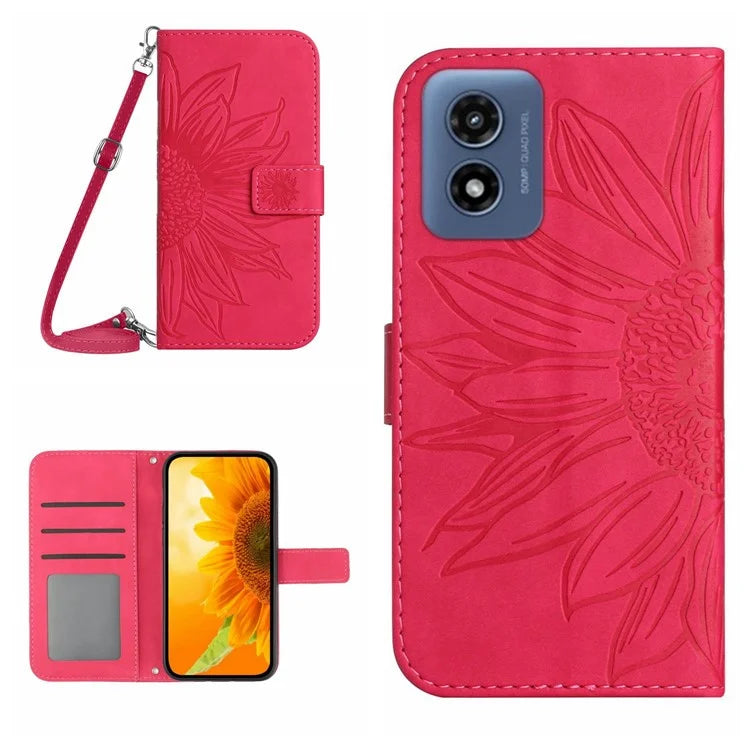 HT04 For Motorola Moto G Play (2024) Cell Phone Case Sunflower Imprint Stand Card Holder Cover