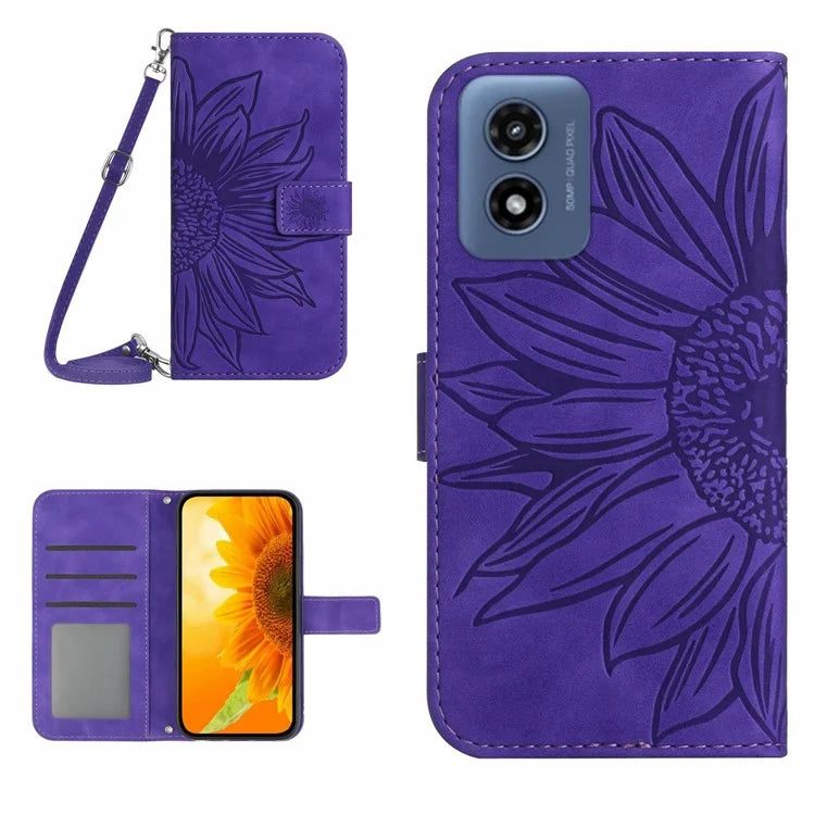HT04 For Motorola Moto G Play (2024) Cell Phone Case Sunflower Imprint Stand Card Holder Cover