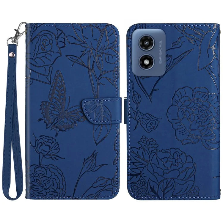 HT03 For Motorola Moto G Play (2024) Phone Cover Butterfly Flower Wallet Case with Hand Strap