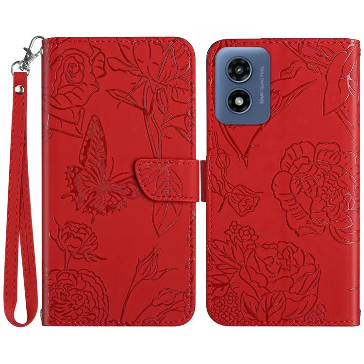 HT03 For Motorola Moto G Play (2024) Phone Cover Butterfly Flower Wallet Case with Hand Strap