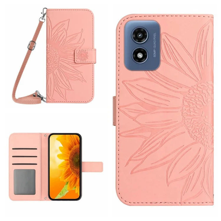 HT04 For Motorola Moto G Play 5G (2024) / Moto G 5G (2024) Leather Case with Shoulder Strap Phone Wallet