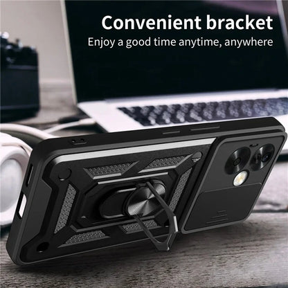 For Oppo A79 5G / A2 5G Case PC+TPU Ring Kickstand Back Cover with Slide Lens Window