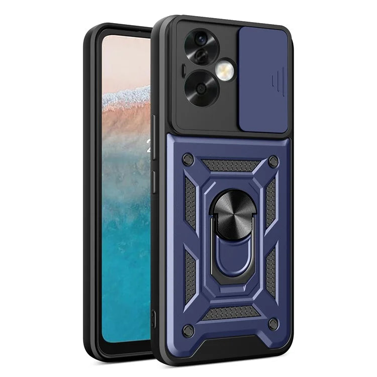 For Oppo A79 5G / A2 5G Case PC+TPU Ring Kickstand Back Cover with Slide Lens Window