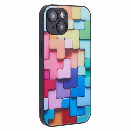 For iPhone 15 Plus Building Blocks Pattern Phone Case Tempered Glass Shockproof Cover