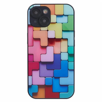 For iPhone 15 Plus Building Blocks Pattern Phone Case Tempered Glass Shockproof Cover