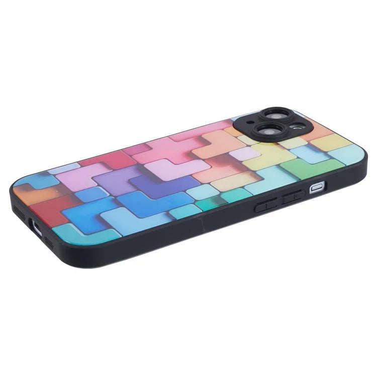 For iPhone 15 Plus Building Blocks Pattern Phone Case Tempered Glass Shockproof Cover