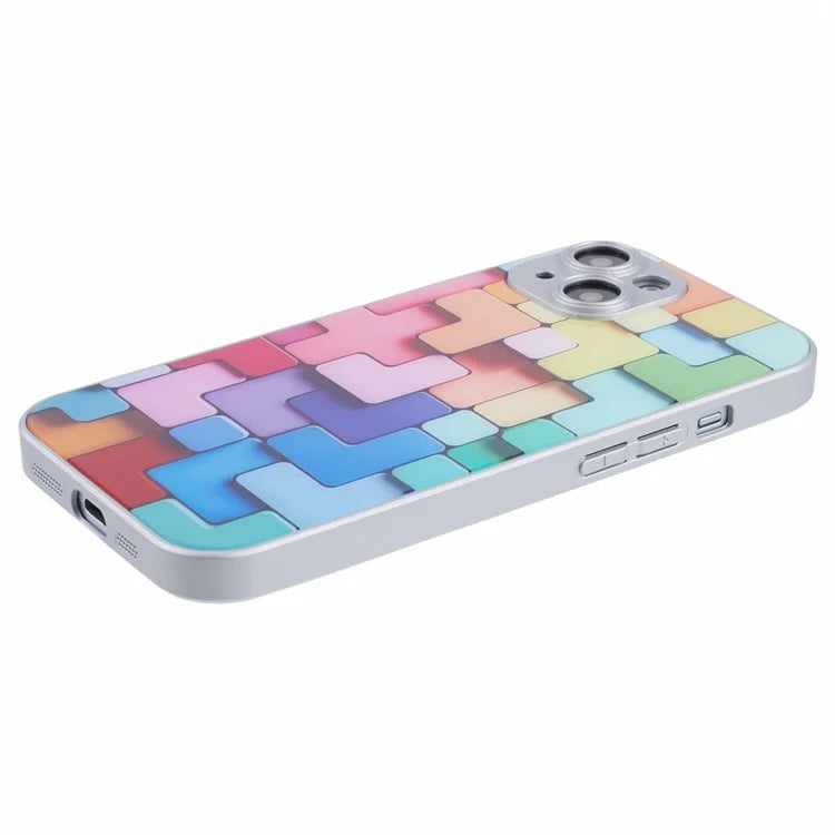For iPhone 15 Plus Building Blocks Pattern Phone Case Tempered Glass Shockproof Cover