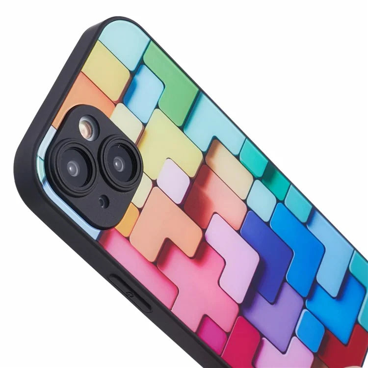 For iPhone 14 Square Pattern Tempered Glass Case Anti-Scratch Shockproof Phone Cover