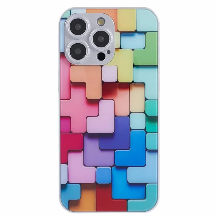 For iPhone 14 Pro Blocks Pattern Phone Case Tempered Glass Acrylic Back TPU Edges