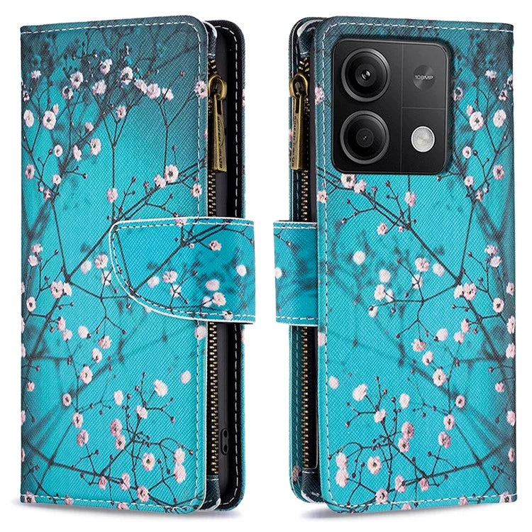 BF03 For Xiaomi Redmi Note 13 4G Zipper Leather Flip Cover Pattern Printed Phone Case Handbag