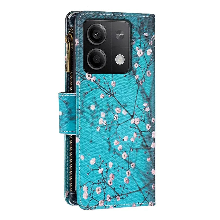 BF03 For Xiaomi Redmi Note 13 4G Zipper Leather Flip Cover Pattern Printed Phone Case Handbag