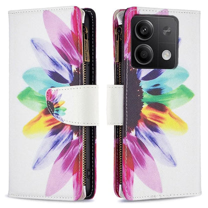 BF03 For Xiaomi Redmi Note 13 4G Zipper Leather Flip Cover Pattern Printed Phone Case Handbag