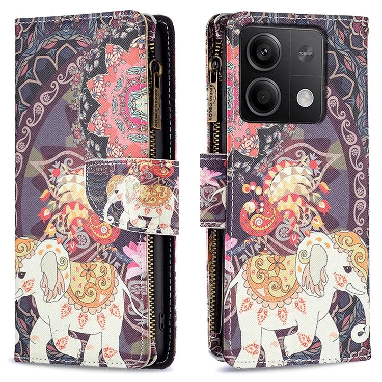 BF03 For Xiaomi Redmi Note 13 4G Zipper Leather Flip Cover Pattern Printed Phone Case Handbag