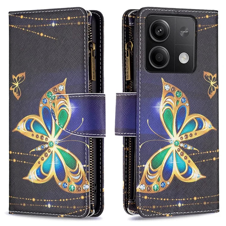 BF03 For Xiaomi Redmi Note 13 4G Zipper Leather Flip Cover Pattern Printed Phone Case Handbag