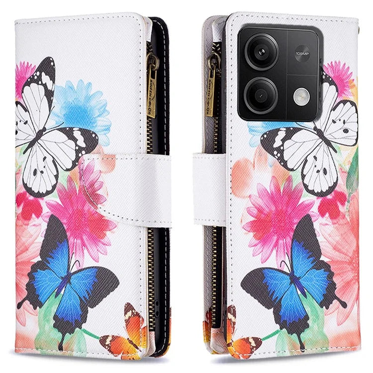 BF03 For Xiaomi Redmi Note 13 4G Zipper Leather Flip Cover Pattern Printed Phone Case Handbag