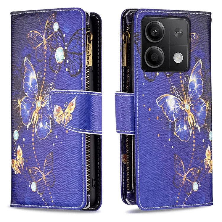 BF03 For Xiaomi Redmi Note 13 4G Zipper Leather Flip Cover Pattern Printed Phone Case Handbag