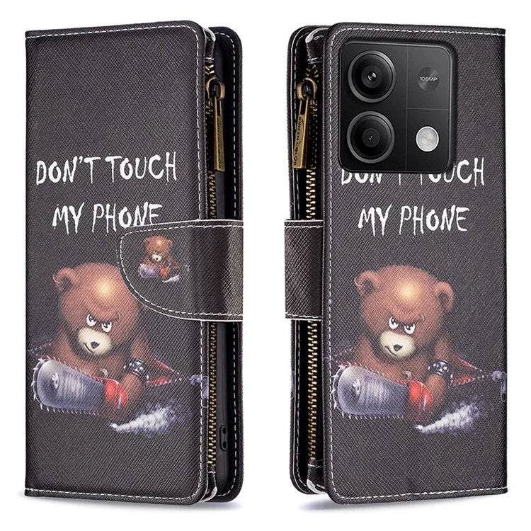 BF03 For Xiaomi Redmi Note 13 4G Zipper Leather Flip Cover Pattern Printed Phone Case Handbag
