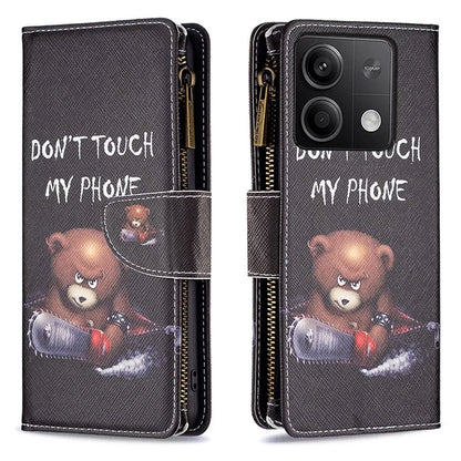 BF03 For Xiaomi Redmi Note 13 4G Zipper Leather Flip Cover Pattern Printed Phone Case Handbag