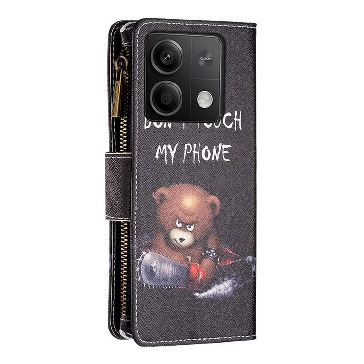 BF03 For Xiaomi Redmi Note 13 4G Zipper Leather Flip Cover Pattern Printed Phone Case Handbag