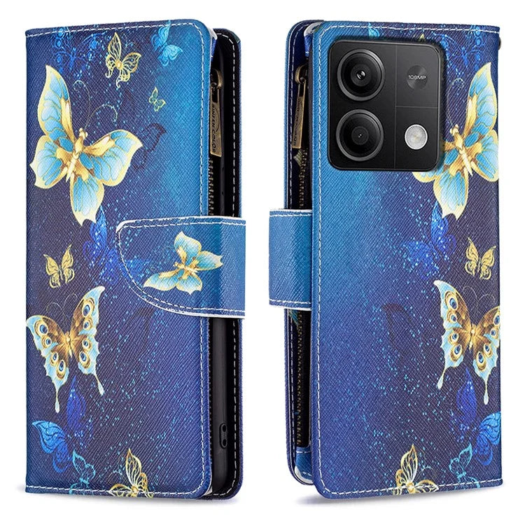 BF03 For Xiaomi Redmi Note 13 4G Zipper Leather Flip Cover Pattern Printed Phone Case Handbag
