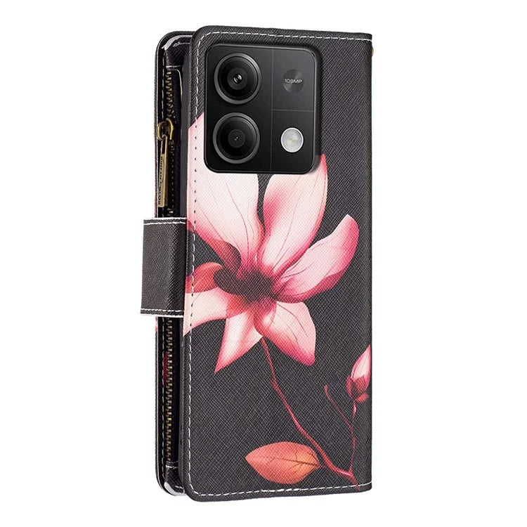 BF03 For Xiaomi Redmi Note 13 4G Zipper Leather Flip Cover Pattern Printed Phone Case Handbag