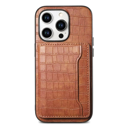 For iPhone 15 Pro Crocodile Texture Case Back Card Slots Kickstand Phone Cover