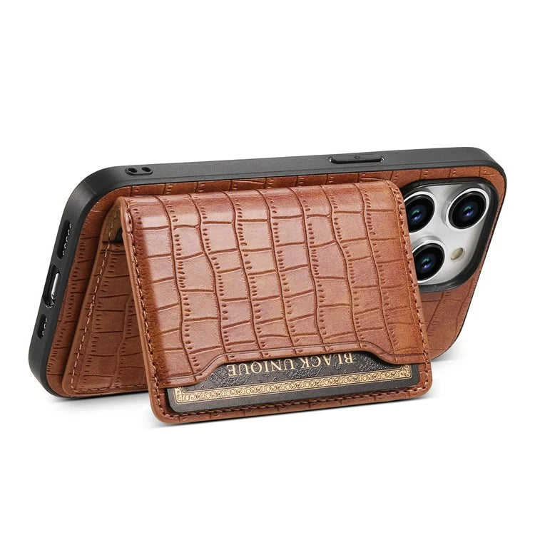 For iPhone 15 Pro Crocodile Texture Case Back Card Slots Kickstand Phone Cover