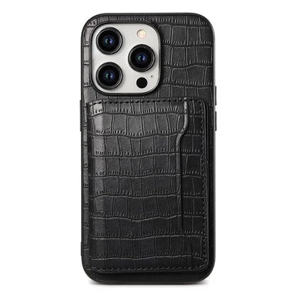 For iPhone 15 Pro Crocodile Texture Case Back Card Slots Kickstand Phone Cover